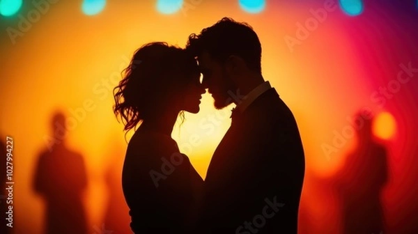 Fototapeta Artistic silhouette of a couple standing closely together, enveloped in a soft, warm glow with blurred figures in the background, symbolizing intimacy and romance.