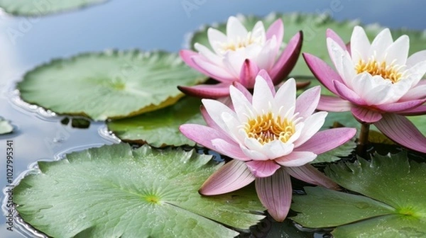Fototapeta Vibrant water lilies floating on a serene pond
