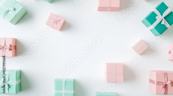 Fototapeta Colorful Gift Boxes in Pink, Green, and Teal Falling on a White Background for a Festive Celebration.

