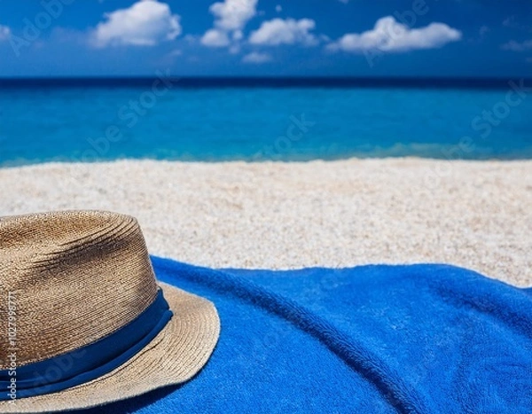 Fototapeta A blue towel lying on the sunny beach sand with a summer hat.generative ai