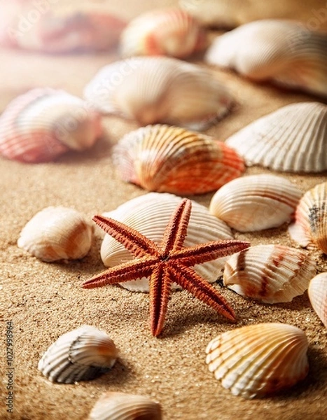 Fototapeta Collections of beautiful shells are scattered on the beach sand, creating a relaxing summer atmosphere.generative ai