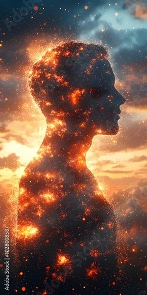 Fototapeta A silhouette of a person's head and shoulders, made up of fiery embers, glowing against a background of swirling clouds.