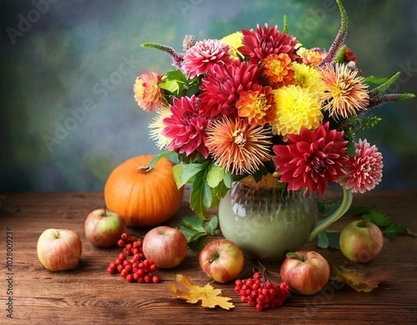 Fototapeta autumn still life with garden flowers beautiful autumnal bouquet in vase apples and berries on wooden table colorful dahlia and chrysanthemum
