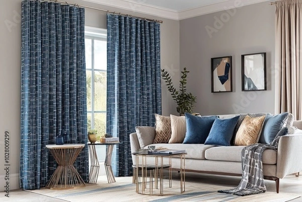 Fototapeta photo of a chic living room featuring large blue curtains with square patterns, a cozy sofa, side tables, and light grey walls