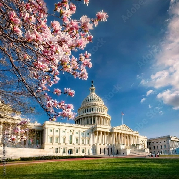 Fototapeta capitol building at spring blossom magnolia tree washington dc u s capitol exterior photos capitol at spring capitol architecture