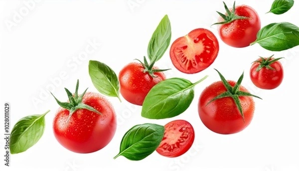 Fototapeta flying cut out red ripe juicy tomatoes and green leaves isolated on white background with clipping path healthy vegan organic food vegetable cherry tomatoes creative food concept tomatoes patter