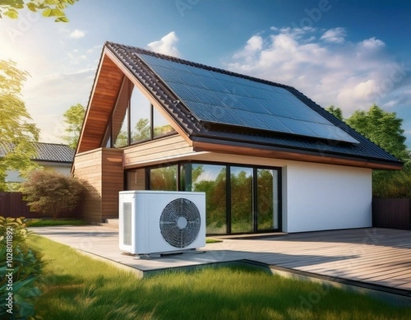 Fototapeta modern house building with heat pump concept of sustainable energy efficient home