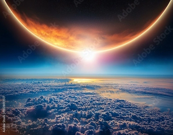 Fototapeta surreal solar eclipse over horizon with dramatic clouds and vibrant light effects winter solstice season cycle day night contrast concept