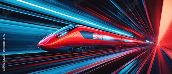 Fototapeta Futuristic high-speed train in motion, with vibrant light trails creating a dynamic atmosphere.