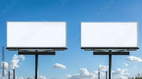 Obraz Two empty billboards against a clear blue sky, ideal for advertising space.