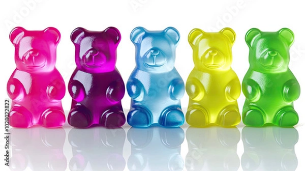 Fototapeta Colorful Collection of Gummy Bears Lined up on a White Background Generative AI