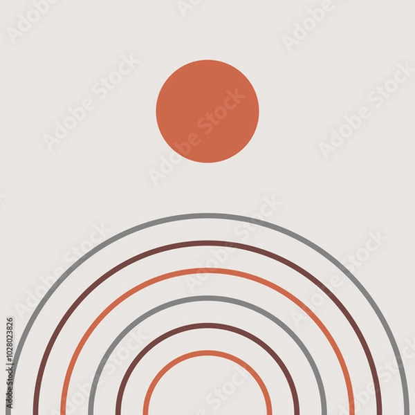 Fototapeta abstract art with curved lines and colorful circles in shades of gray, orange and brown for decoration, background, slides, posters. minimalist, geometric, neutral colors, beige background