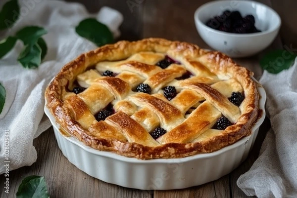 Fototapeta Apple pie with blackberry on wooden table - generative ai