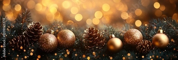 Fototapeta Christmas background with golden baubles, fir cones and lights bokeh background.  Space for text. Copy space. Greeting card.