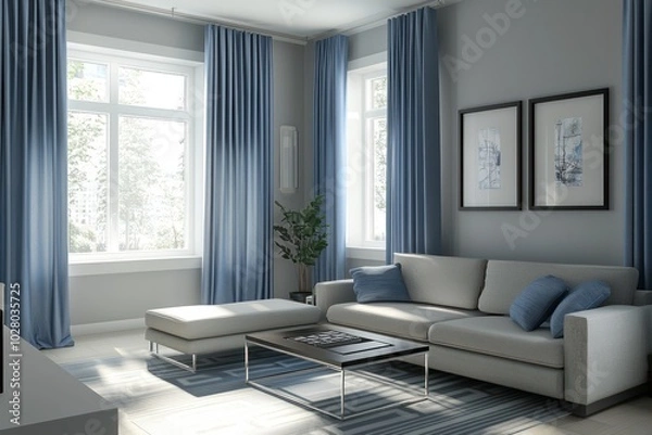 Fototapeta High-resolution view of a living room with heavy blue curtains and square designs, grey walls, and modern furniture, in a  aspect