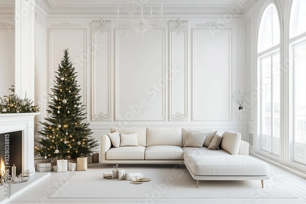 Obraz Modern Christmas Tree in a White Room with Cozy Holiday Decor 3D Render for Festive Home Interiors
