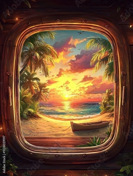 Fototapeta Plane window in 3D opens revealing a stunning view of the sunset over a vast desert, with golden sand dunes, on an isolated background with space for text