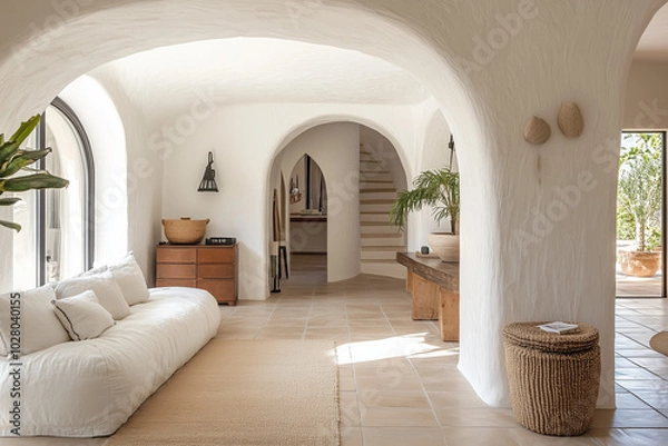 Obraz Boho Mediterranean Interior Design with Modern Arched Wall and Stylish Home Entryway