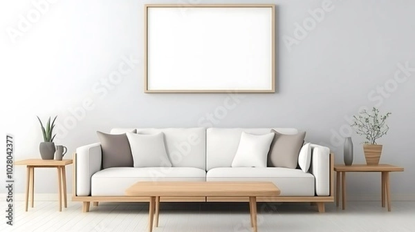 Fototapeta A modern minimalist living room with a sleek white sofa, light wooden furniture, and a blank white frame hanging above a coffee table, creating a fresh and airy feel. 