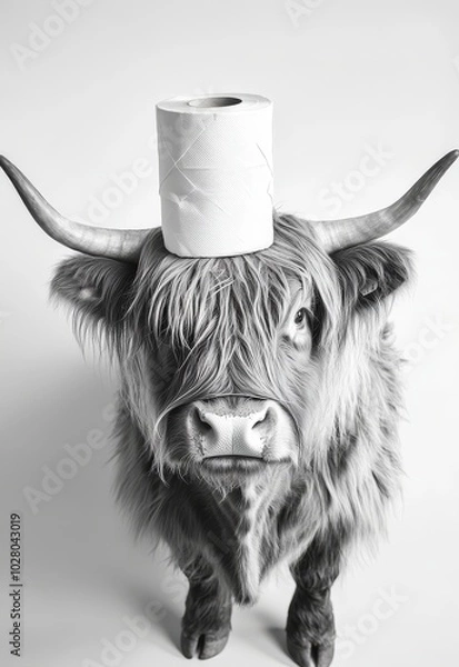 Fototapeta Highland cow with toilet paper roll balanced on its head, in a quirky pose.