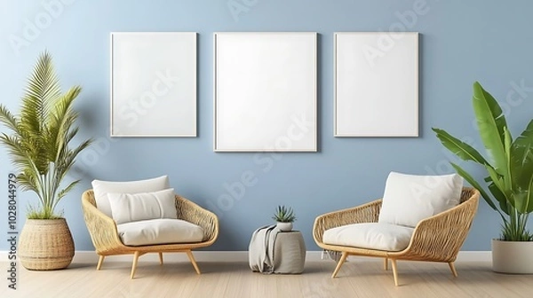 Fototapeta A coastal-themed living room with pale blue walls, rattan furniture, and a blank white frame positioned above a comfy armchair, inviting customization with beach-themed art.