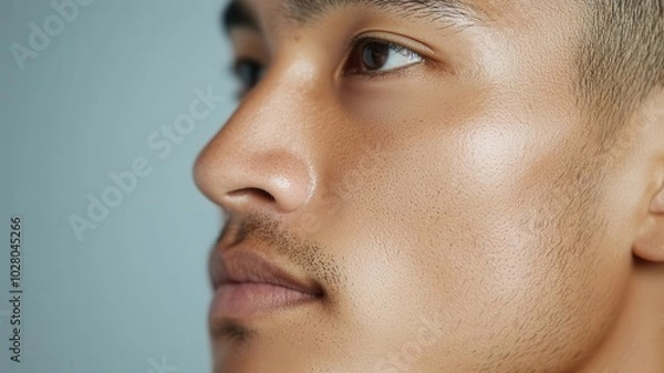 Fototapeta Closeup of an Asian man s face, smooth skin illuminated by soft, side lighting for a classic portrait effect   side lighting, smooth skin, portrait