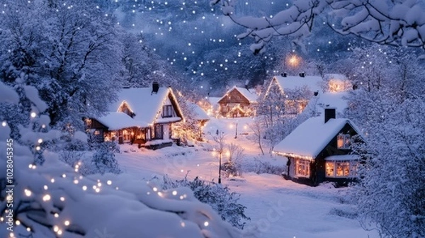 Obraz Snowy village at night with glowing homes and falling snowflakes.