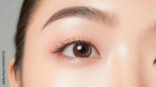 Fototapeta Closeup of an Asian woman s smooth, eventoned skin, highlighted by soft makeup and delicate lighting   delicate lighting, smooth complexion, soft makeup