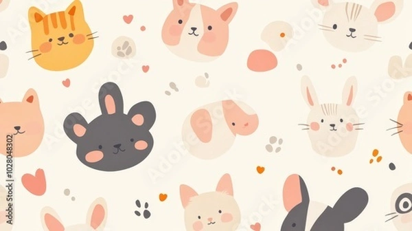 Fototapeta Cute animal faces with playful paw prints and hearts on a cream background.