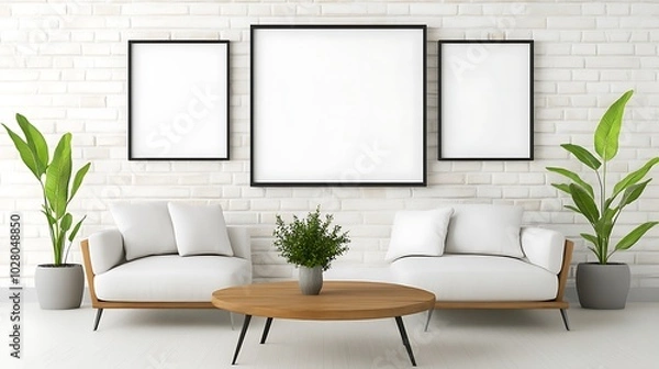 Fototapeta An industrial-style living room with exposed brick walls, metal accents, and a blank white frame above a rustic coffee table, providing an opportunity for creative expression.