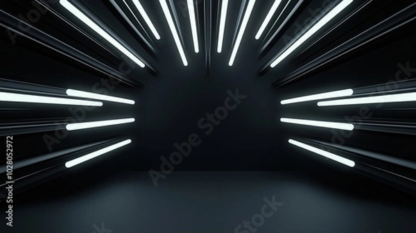 Fototapeta Black room with white lights shining through the ceiling. The lights are arranged in a way that creates a sense of depth and space. The room appears to be empty