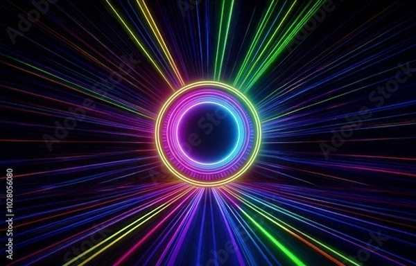 Fototapeta Neon light streaks converging toward a circular portal of glowing light on a black background.