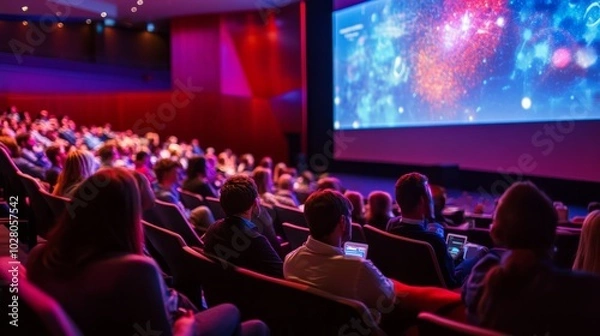 Fototapeta A global biotech conference where the latest trendy topics in the field are presented, with interactive screens and live demos