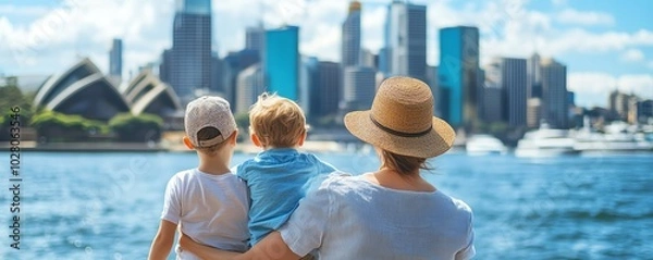 Fototapeta Family enjoying a scenic view of Sydney's skyline, overlooking the harbor on a sunny day, creating memorable moments together.