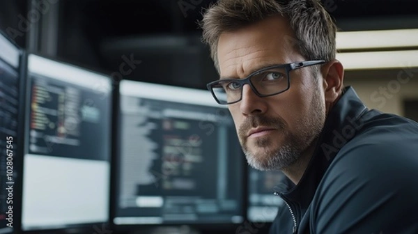 Fototapeta Focused software developer coding in modern office for tech industry projects