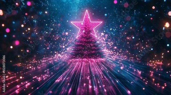 Fototapeta A glowing neon star crowns a Christmas tree with pulsing pink and purple ornaments, fiber-optic lights radiating in every direction, cyber-holiday style, Futuristic, Digital
