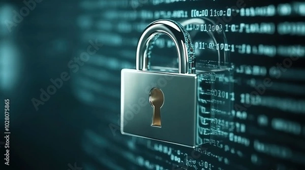 Fototapeta Metal lock symbolizing security over digital background with binary code.