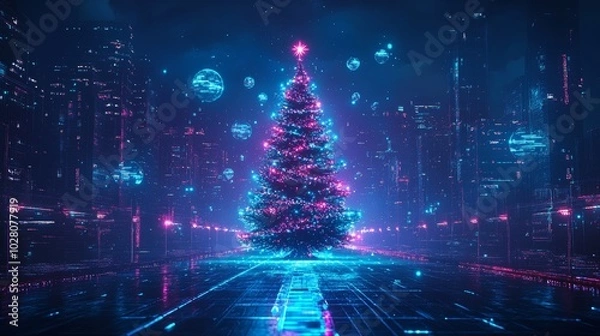 Obraz Neon-lit Christmas tree in electric blue and magenta, holographic orbs floating around, futuristic cityscape background with holograms, Sci-fi, 3D render, sharp details