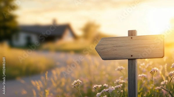 Fototapeta wooden signpost stands in sunlit field adorned with wildflowers, leading towards cozy house in background.