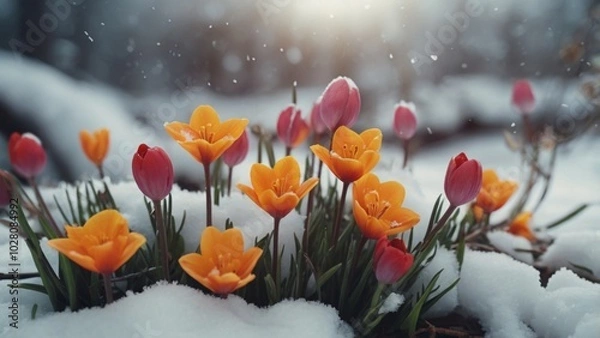 Fototapeta spring flowers in the snow,8k resolutions
