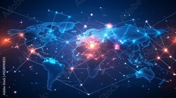 Fototapeta A digital representation of the world with glowing lines connecting continents.