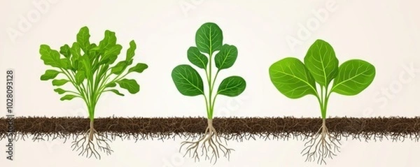 Fototapeta Illustration showing the growth stages of various greens with roots and soil.