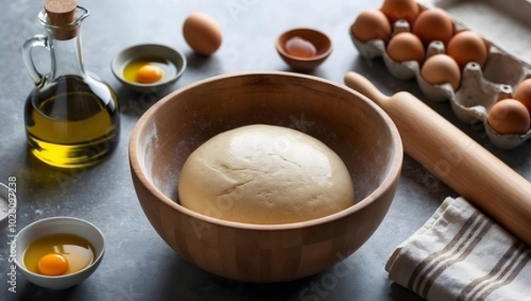 Fototapeta Raw dough, rolling pin and ingredients on grey table. Ai Generative.