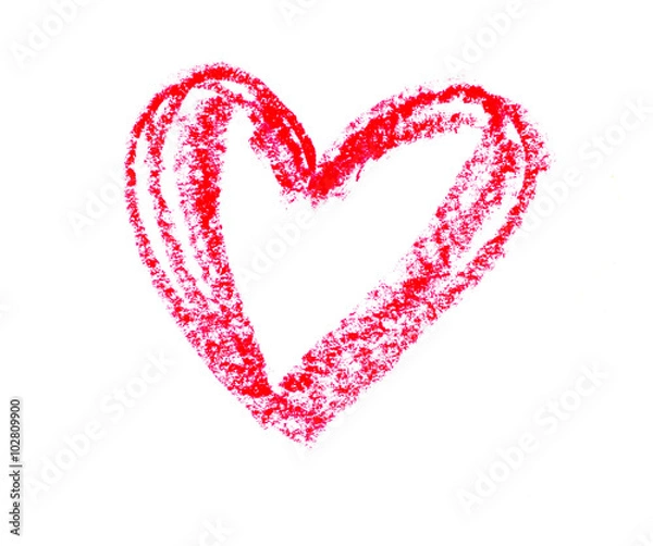 Fototapeta Simple heart drawn with a red crayon on white paper