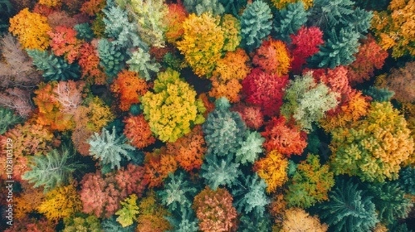 Fototapeta Aerial view of a vibrant autumn forest showcasing colorful trees and dense foliage in a stunning top-down perspective.