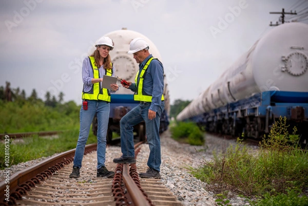 Fototapeta Engineer railway engaged in discussion or inspection maintenance work greenery and gas or oil power industrial or transportation setting in the rail train import export logistics industry concept.