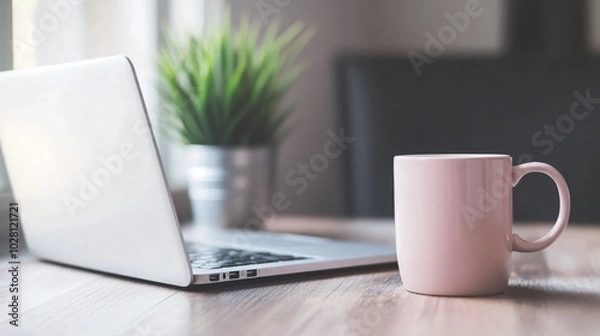 Fototapeta A pink coffee mug sits on a wooden desk next to a closed laptop.