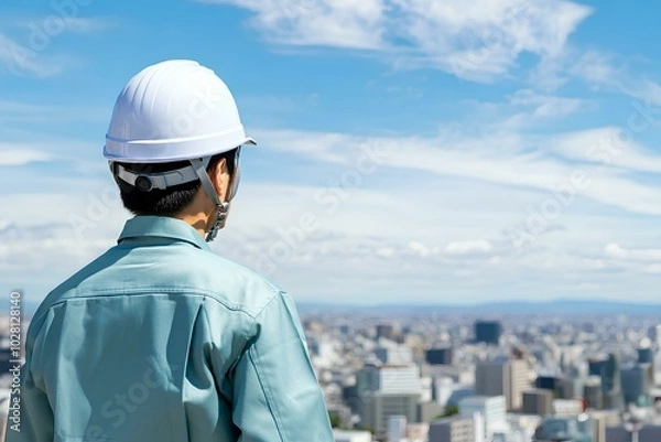 Fototapeta 男性、ヘルメット、後ろ姿、建設事業、電気設備事業、青空、コピースペース