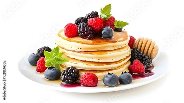 Fototapeta Pancakes stack with different berries and honey isolated on white background. 