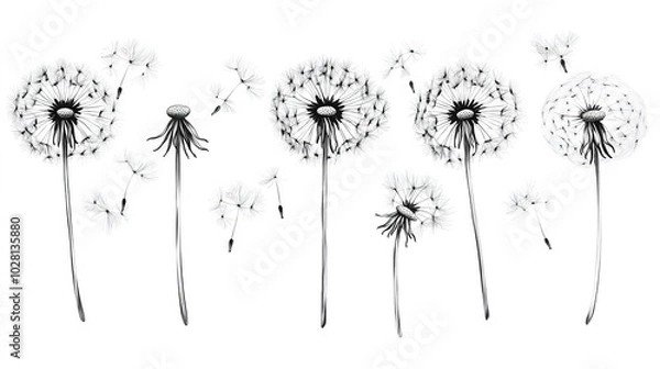 Obraz Dandelions with flying seeds, fluffy dandelion flower silhouettes in the spring season, featuring blooming blowball flowers and delicate seed dispersal, captured in a playful doodle style.